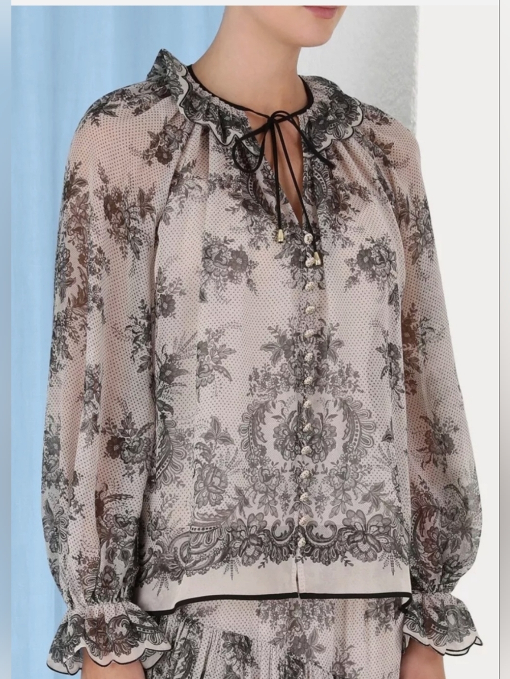 Zimmermann Sheer Floral Tie-Neck Blouse
